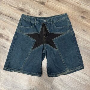 ROMWE Dark Blue Denim Shorts with Black Star Panel